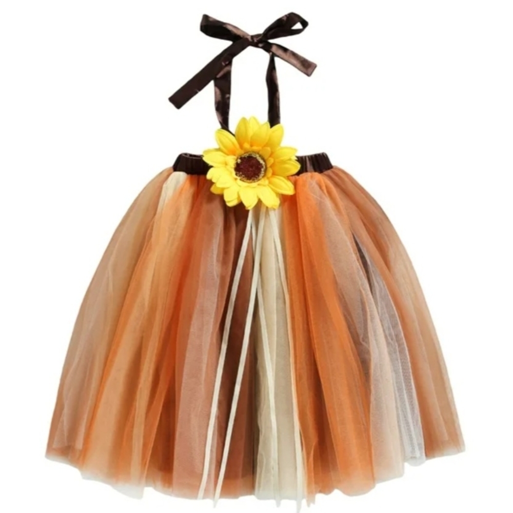 Youth Girl Scarecrow Sunflower Tutu Fall Dress Kid's Halloween Tulle Costume 4-5
